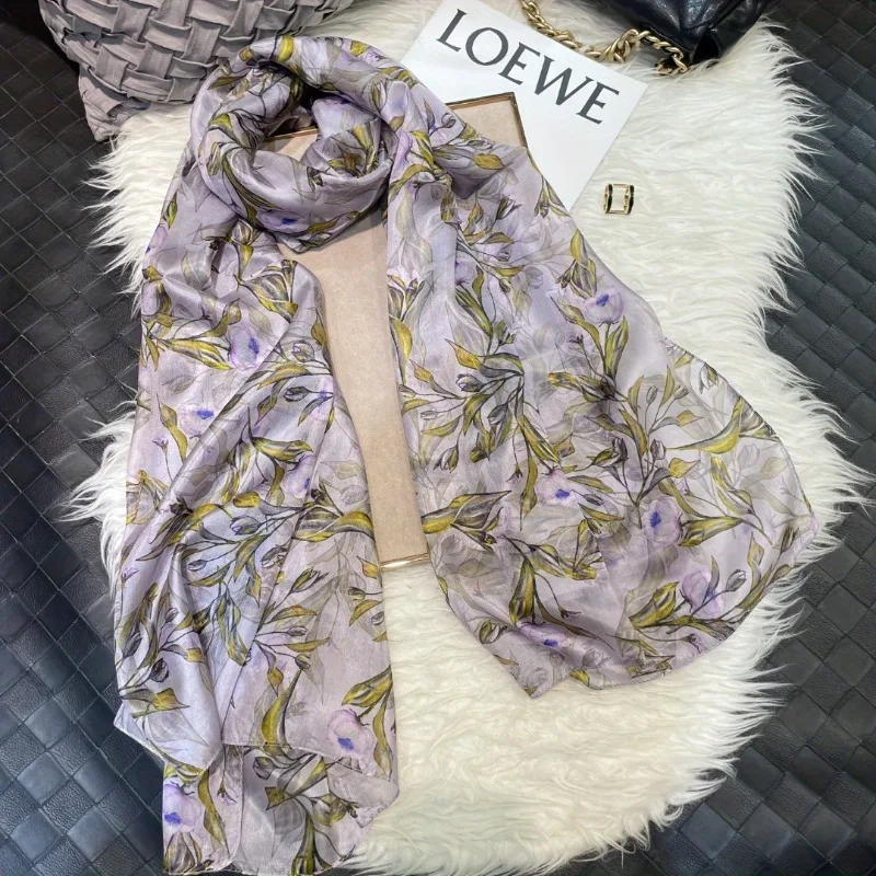 

Lightweight 100% Mulberry Silk Scarf for Women Oblong Shawl Neck Scarf Beach Wrap Headscarf Gift Pack Light Purple Leaf Print