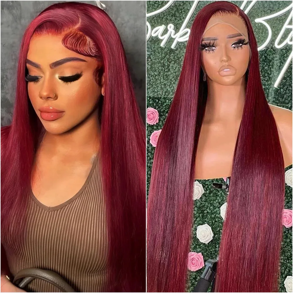 

40-дюймовый парик из натуральных волос 99J Burgundy с HD-кружевной передней частью 13x6, прямой, окрашенный, с фронтальной частью 13x4, бразильские парики, предварительно выщипанные, плотность 220%