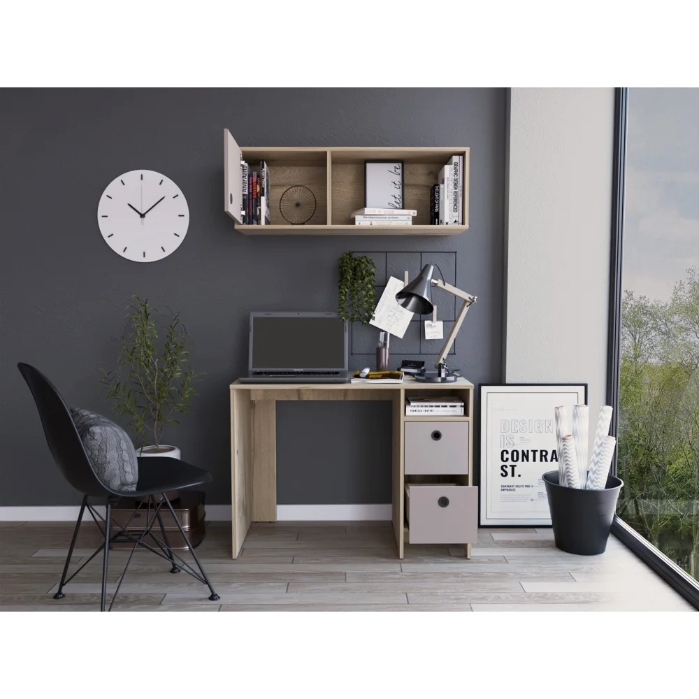 Khali 2-Pc Office Set, Two Shelves Two Drawers Wall Cabinet Single Door Cabinet -Light Oak / Taupe