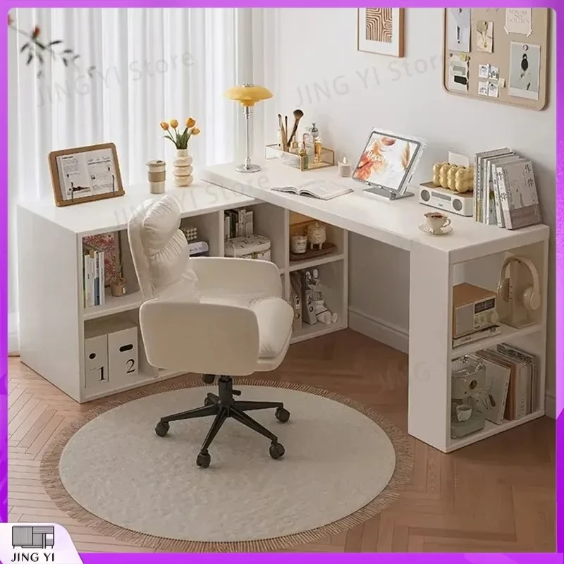 

Adjustable White Computer Desk with Storage Cabinet Extendable Office Desk for Bedroom Study Room Corner Desk Home