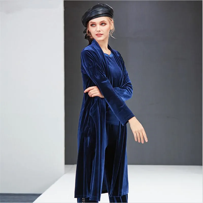 

Women Velour Long Coat Plus size Velvet Female Cardigan Coat long Outerwear Casual Trench Coat