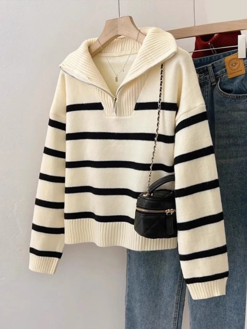 Women Fashion Loose Striped Asymmetry Knitted Sweaters Vintage Long Sleeve Zip-up Female Pullovers Chic Knitwear Tops 2024