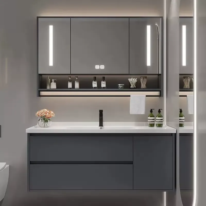 Modern Bathroom Vanity Cabinet with Smart Mirror and Ceramic Basin Wall-Mounted Solid Wood Multilayer Vanity Unit for Hotel