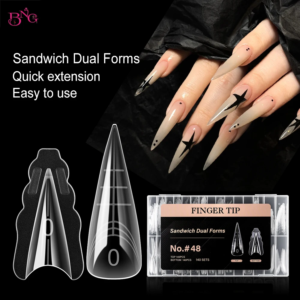 

BNG Sandwich Nail Forms for Builder 140/280Pcs Nail Mold for Quick Nails Extension No Paper Forms Needed 14 Sizes Dual Forms