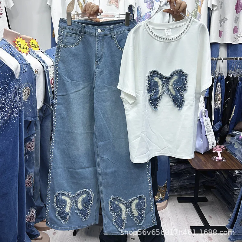 

New Spring Summer Loose Women Two-piece Set Embroidery Butterfly White Short Sleeve T-shirt + Casual Wide Leg Straight Jeans