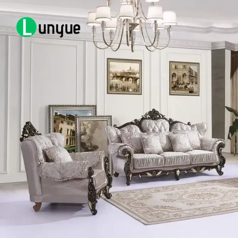 Classic European Style Fabric Wooden Curved Large Soft Tufted Armrest Luxury Living Room Sofa Set