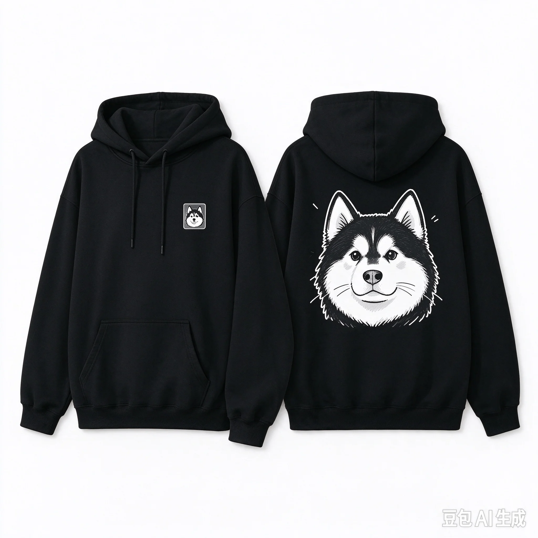 Men's Back Print Alaskan Malamute Sketch Graphic Hoodie, Right Chest Small Logo Pullover Hooded Sweatshirt, Casual Unisex Street