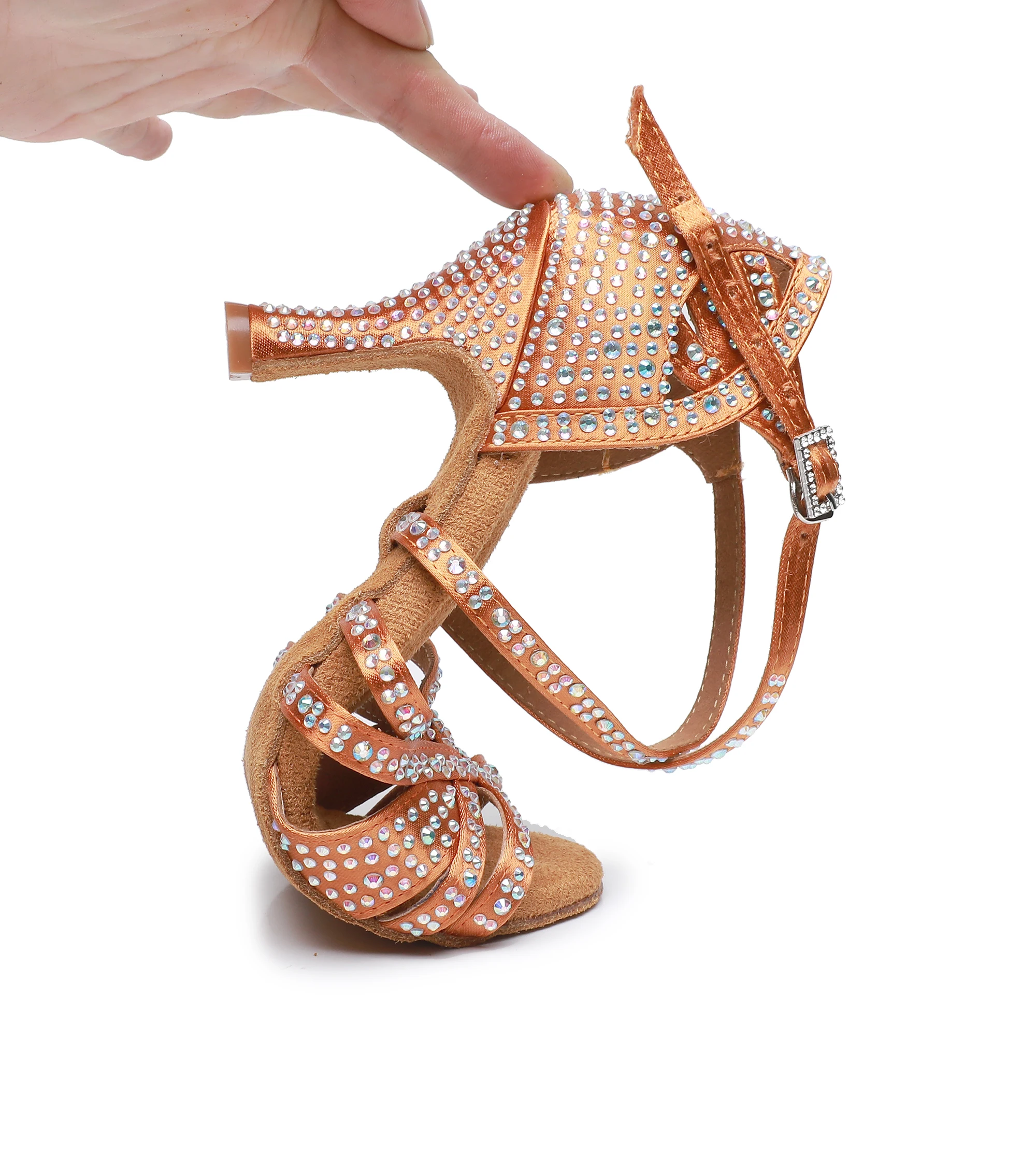 Zapatos de baile latino con diamantes de imitación para mujer, sandalias de ante suave para baile de salón, Tango, tacón alto de 9cm/5,5/7,5 cm,