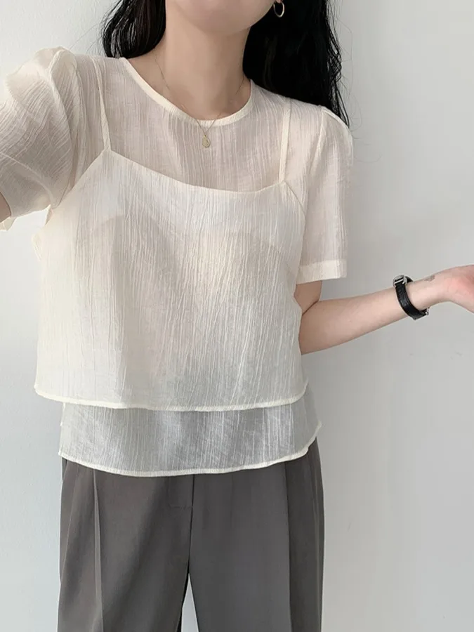 Korean Style round Neck Bubble Sleeve Chiffon Blouse Women's Soft Wind Two-Piece Set Short Top Layering Design Casual Commute