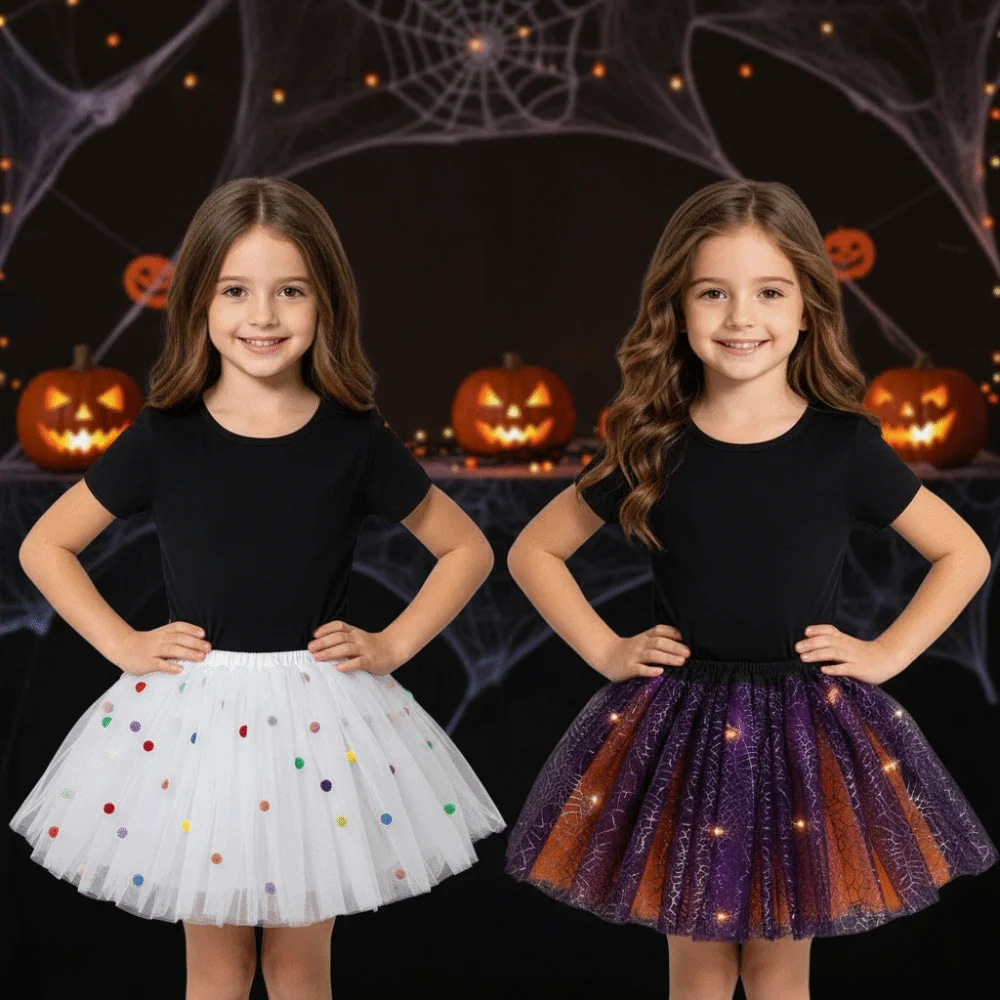 Mesh Kids Tutu Skirt Puffy Short Length Girls Mesh Puffy Skirt with Lamp Beads Pom Pom Kids Pom Pom Skirt Party Wear