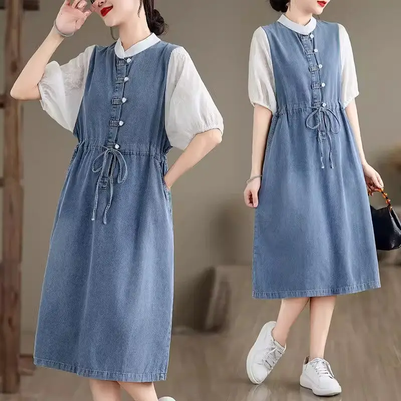 Fashionable Splicing Short Sleeve Denim Dress For Women Summer 2024 New Chinese Style Button Up Light Color Jeans Dresses K1019