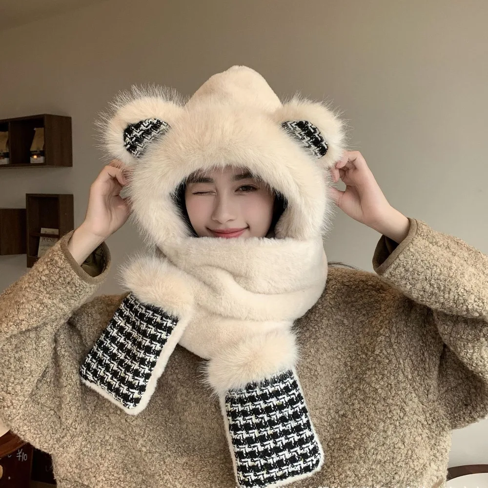 

New Thickened Plush Hat Scarf Gloves Set Cute Rabbit Ear Winter Warm Ear Protection Cap Ram's Horn Hat Cycling