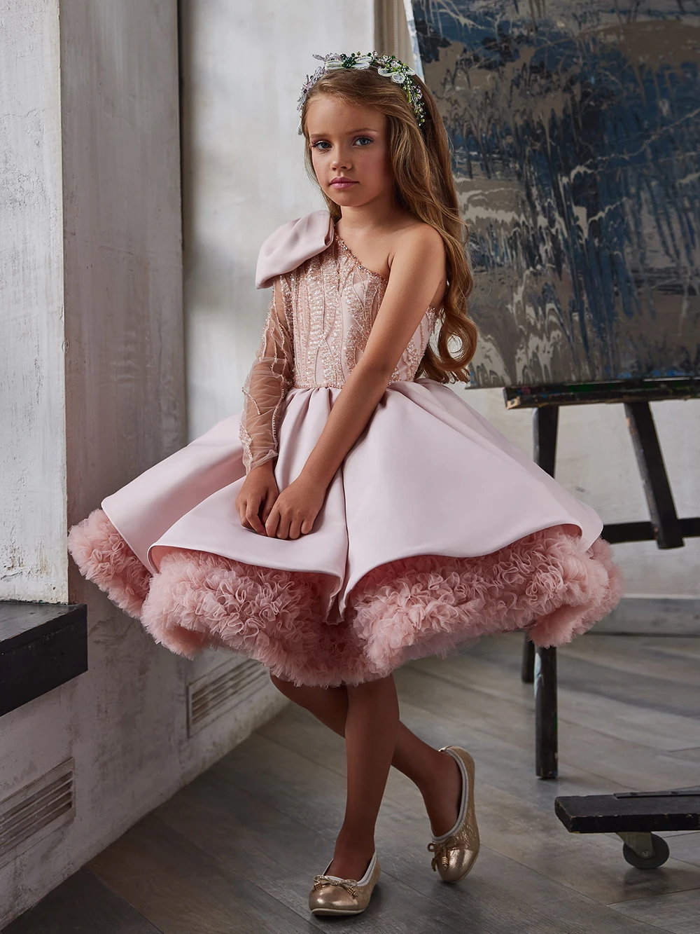 

Pink Satin Beading One Shoulder Tulle Fluffy With Bow Flower Girl Dress For Wedding Child First Eucharistic Birthday Party Dress