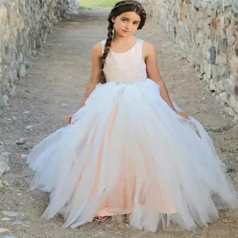 Elegance Flower Girl Dress for Wedding Cascading Party senza maniche Princess Child Formal Dress First Birthday Ball comunione