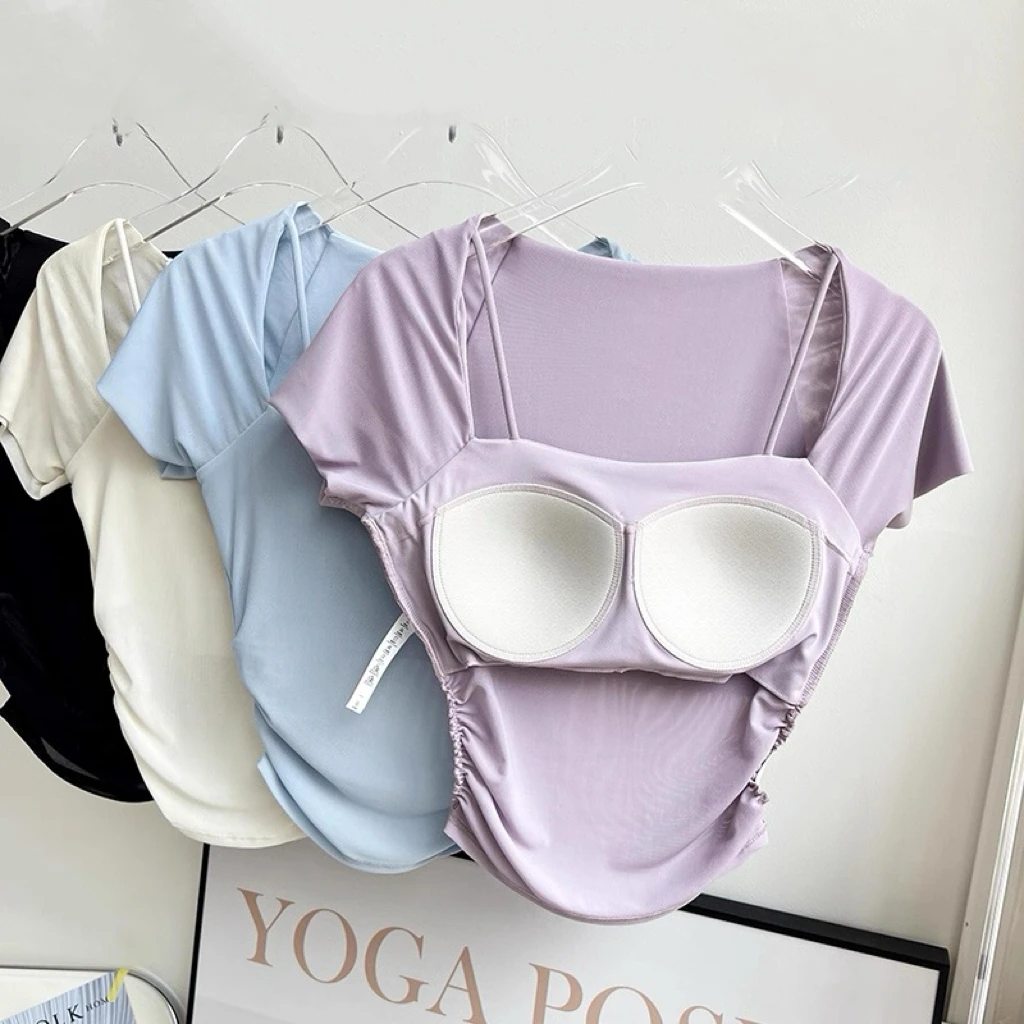 Summer New Fake Two Piece Yoga Dress Fixed Chest Cushion Sports Mesh Short Sleeves Wearing Running Sports Fitness Top