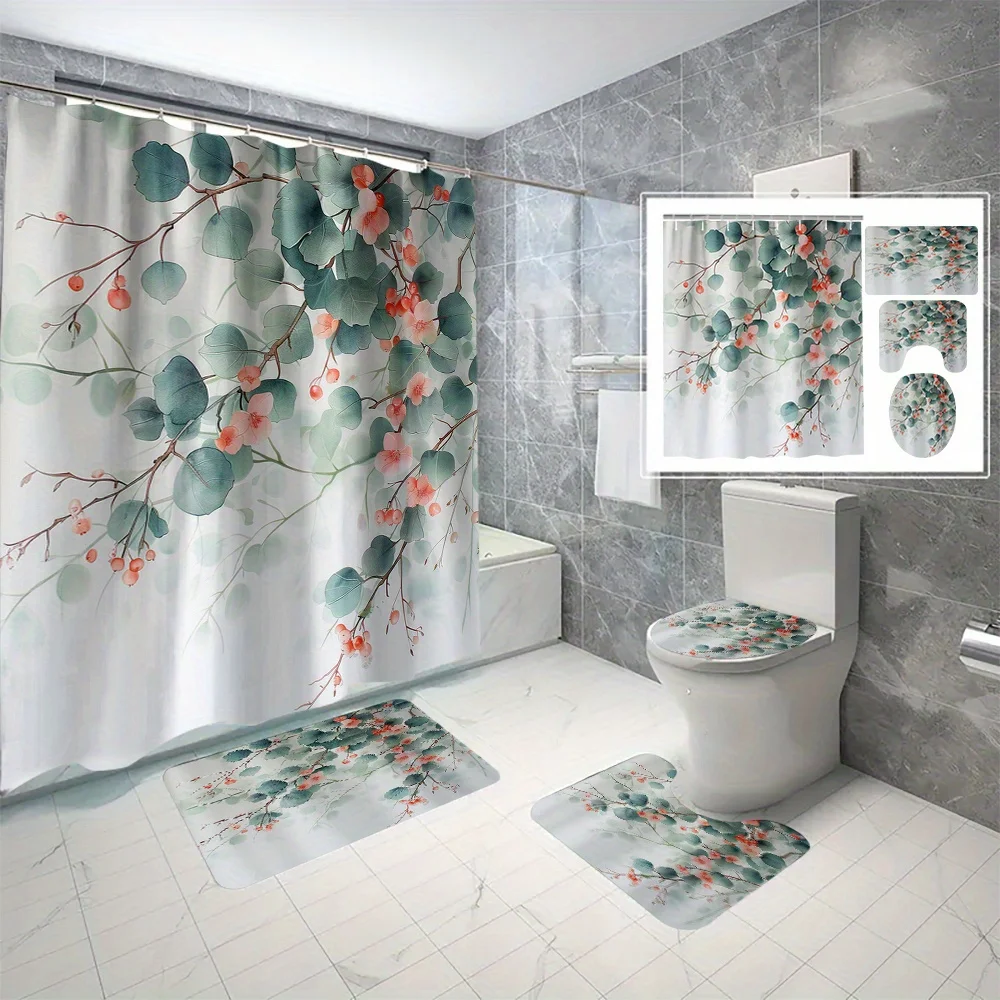 

1 шт./3 шт./4 шт. зеленые листья и цветы цифровой принт полиэстер водостойкая занавеска для душа без перфорации перегородка занавеска для ванной комнаты