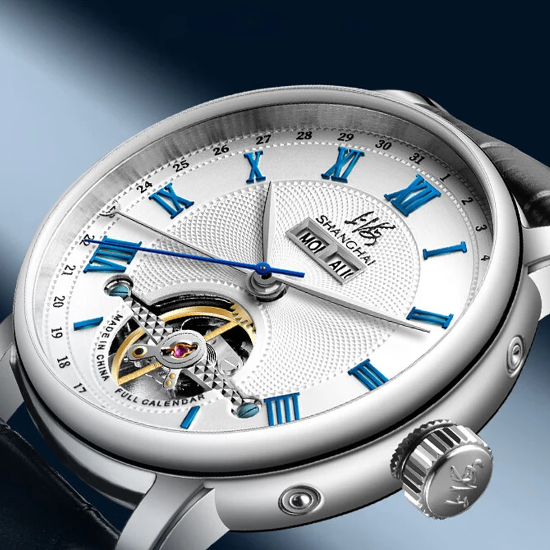 SHANGHAI Watch Day-Date Men's Automatic Watches 40.5mm Sapphire Full Calendar Mechanical Wristwatch Multifunction Flywheel S8003