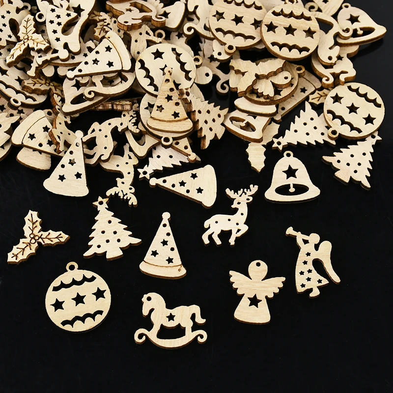 

50pcs Christmas Natural Wooden Chip Santa Claus Snowflake Deer Christmas Tree Hanging Ornaments Pendant Navidad Decoration Craft