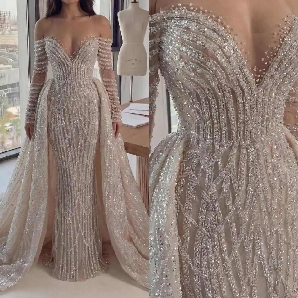 Modernes Meerjungfrau-Hochzeitskleid mit Perlen und Pailletten, schulterfrei, schlichtes Brautkleid mit abnehmbarer Schleppe, individuell anpassbar