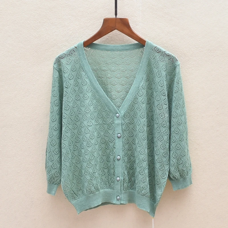 夏用薄手無地レディースオープンカーディガンVネック七分袖トップス日焼け止めニットセーター