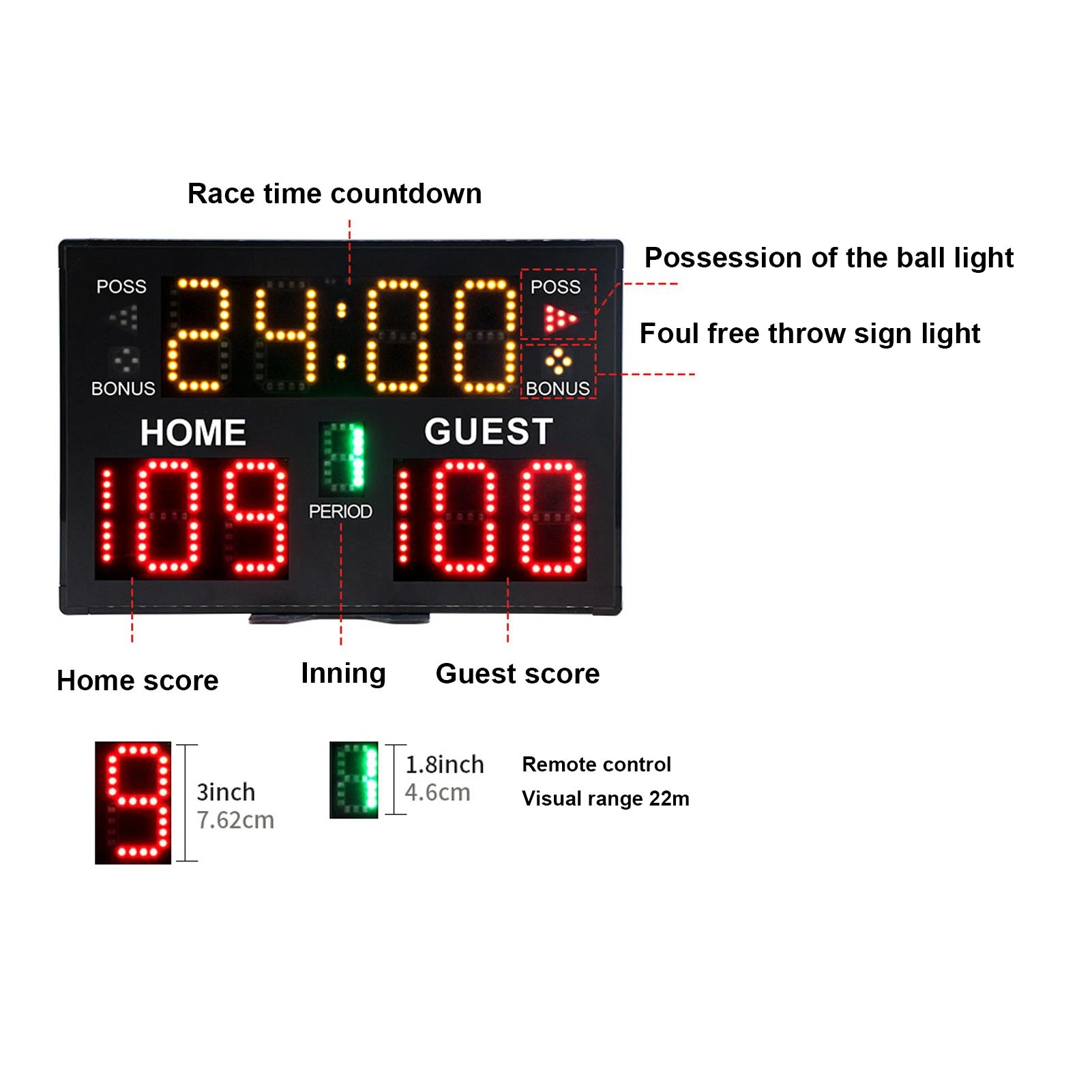 Digital Basketball Scoreboard LED Lightweight Basketball Electronic Scoreboard Easy To Use Remote Controlled for Game Training