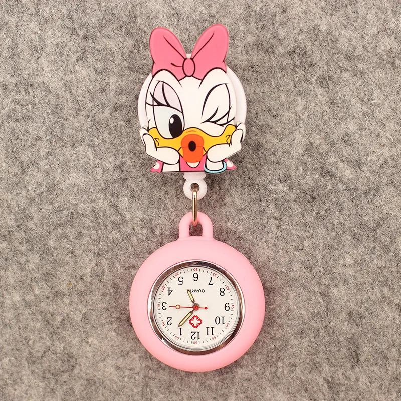 Reloj de bolsillo retráctil para hombre y mujer, accesorio con lazo de pato y ratón, estilo dibujos animados