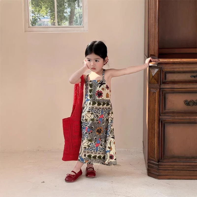 

2026 Summer New Korean Kids Wear, Girls Forest Vacation Backless Long Sleeveless Dress Princess Gown, Outfit Collection