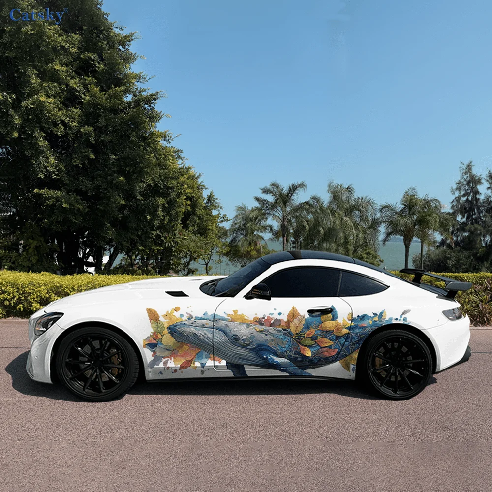 

Whale Colored Feathers Car Side Sticker PVC Self Waterproof Stick, Striking Auto Exterior Accessories Decor Protect Gift for Car