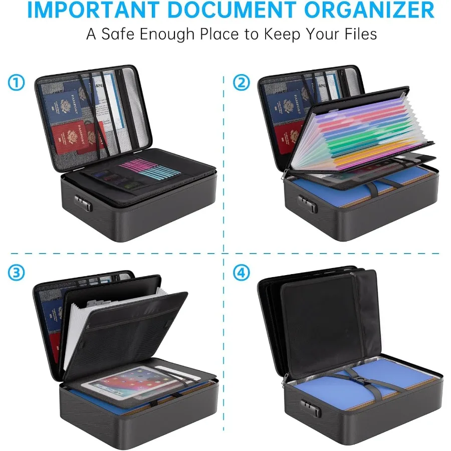 File Organizer Bag with 13 Pocket Accordion File Folder Fireproof Document Organizer with Lock Labels MultiLayer Portable Home
