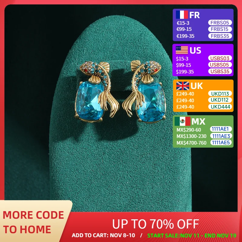 

Vintage Sea Blue Crystal Colored Goldfish Earrings Rhinestones Gold Color Antique Jewelry for Woman Accessories Designer New