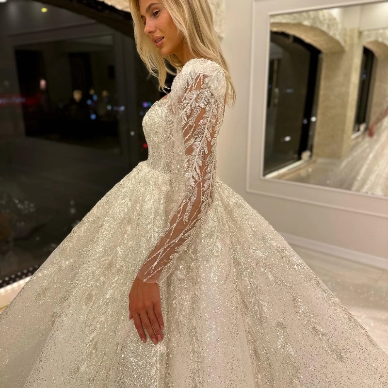 Vestido de novia de lujo con cuentas brillantes, vestido de baile de manga larga, apliques preciosos, vestido de novia de princesa con cordones, 2024