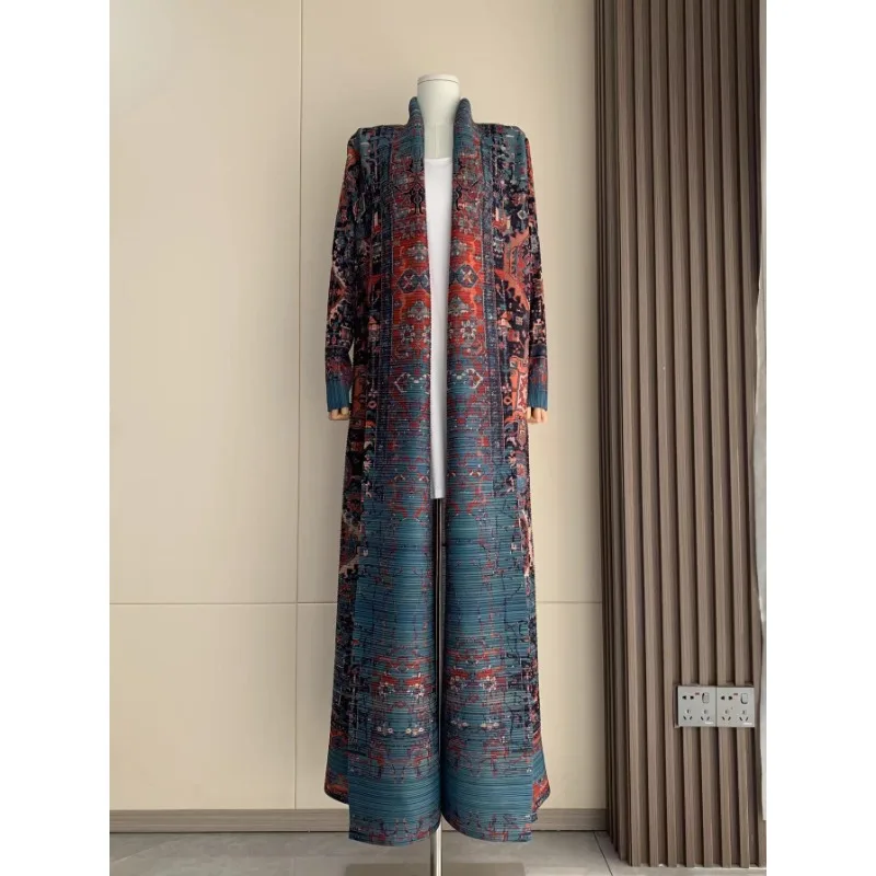 KAF Pleated Women Luxury Abaya 2025 Spring Fall New Vintage Printed Cardigan Lace-up Loose Large Size Design Arabian Abaya