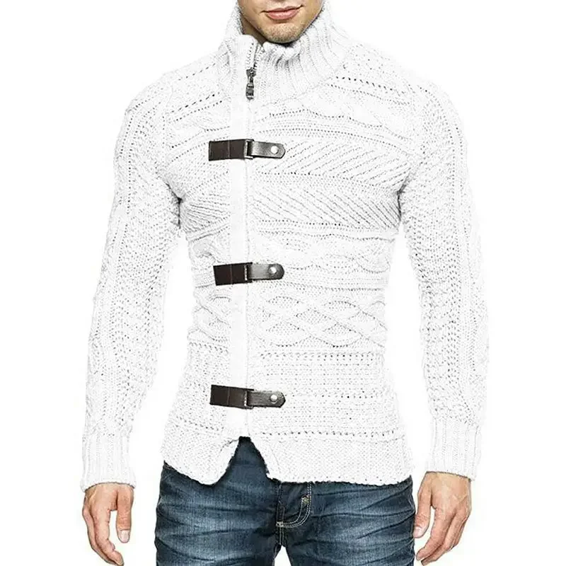 

Autumn Winter Mens Turtleneck Sweatercoat Fashion Leather Buckle Long Sleeve Knitted Cardigan Coat Large Size Knit Mens Clothing