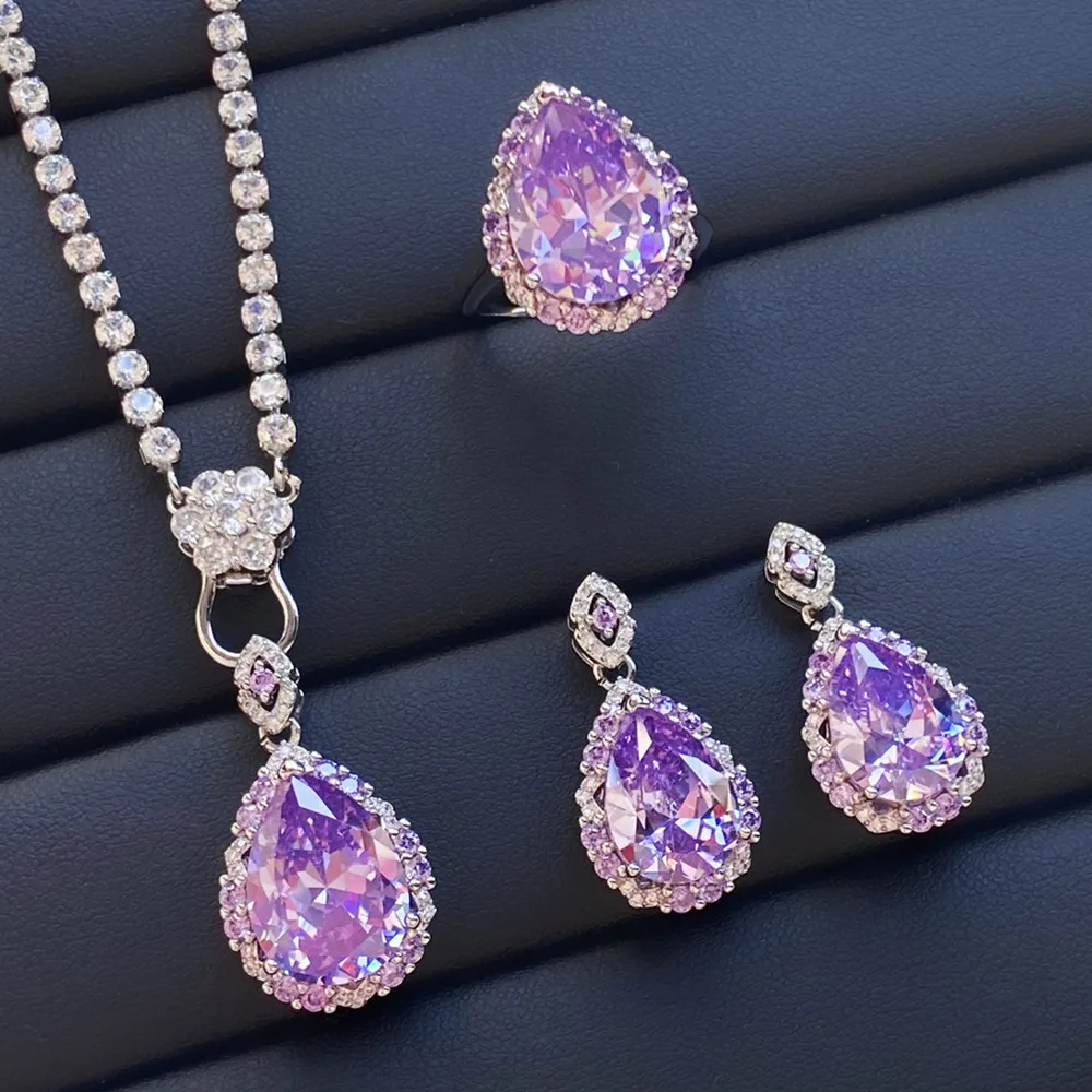 

Purple Amethyst Gemstone Diamonds Water Drop Earrings for Women Sterling Silver 925 Wedding Evening Party Fine Jewelry Sets Gift