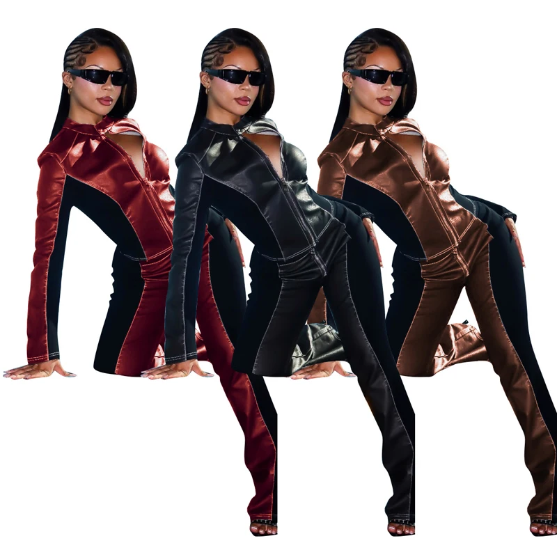 Fall Women Sets Y2k Punk Leather Two Tone Long Sleeve Zip Jacket and Flared Pants Suit Streetwear Motorcycle 2 Piece Set Outfits