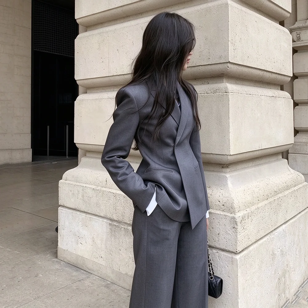 High Quality Grey Women's Suits Smart Casual Double Breasted Peak Lapel Blazer Evening Office Work 2 Piece Jacket Pants Sets