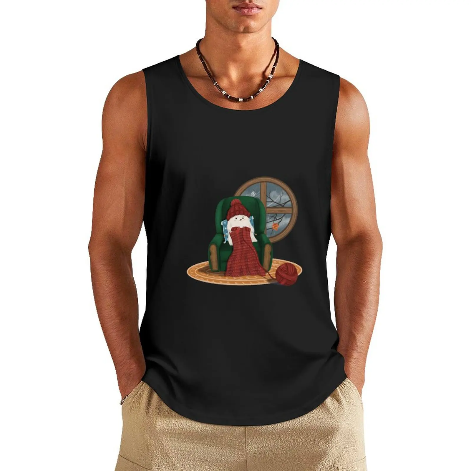 Cute Ghost knitting in a comfortable chair on a cold day Tank Top gym clothing gym clothes man