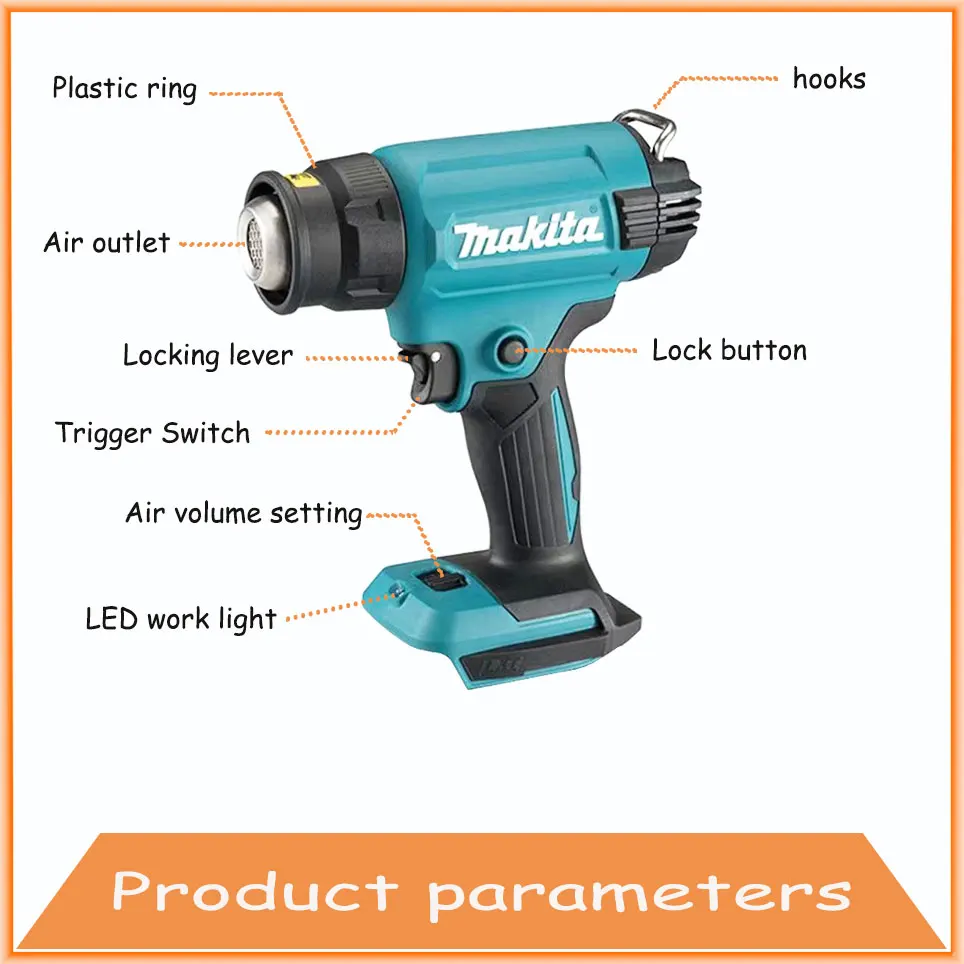 Imagem -02 - Makita-pistola de Calor sem Fio Original Dhg181 18v Max 550 °c Bateria de Lítio 200l por Min Alta Potência Heat Shrink Film Baking Gun Portátil