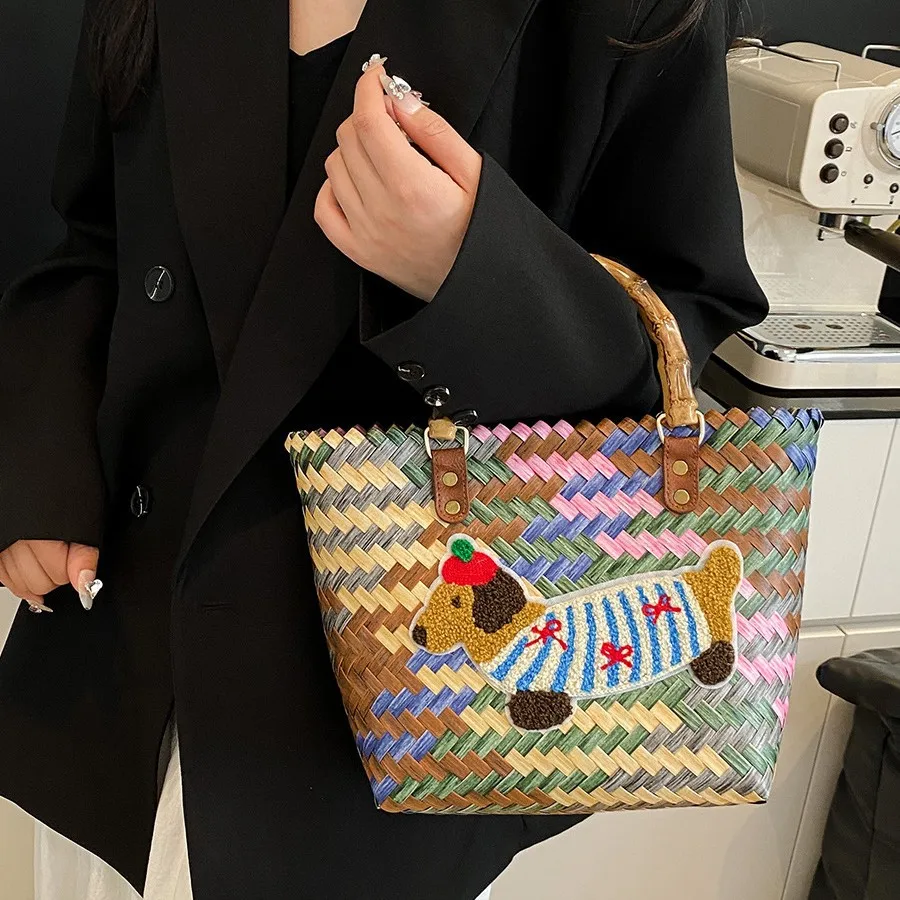 

2025 Woven Tote Bag for Women, Dachshund Print Market Basket Multi-color Stripes, Large Beach Bag Adjustable Handle