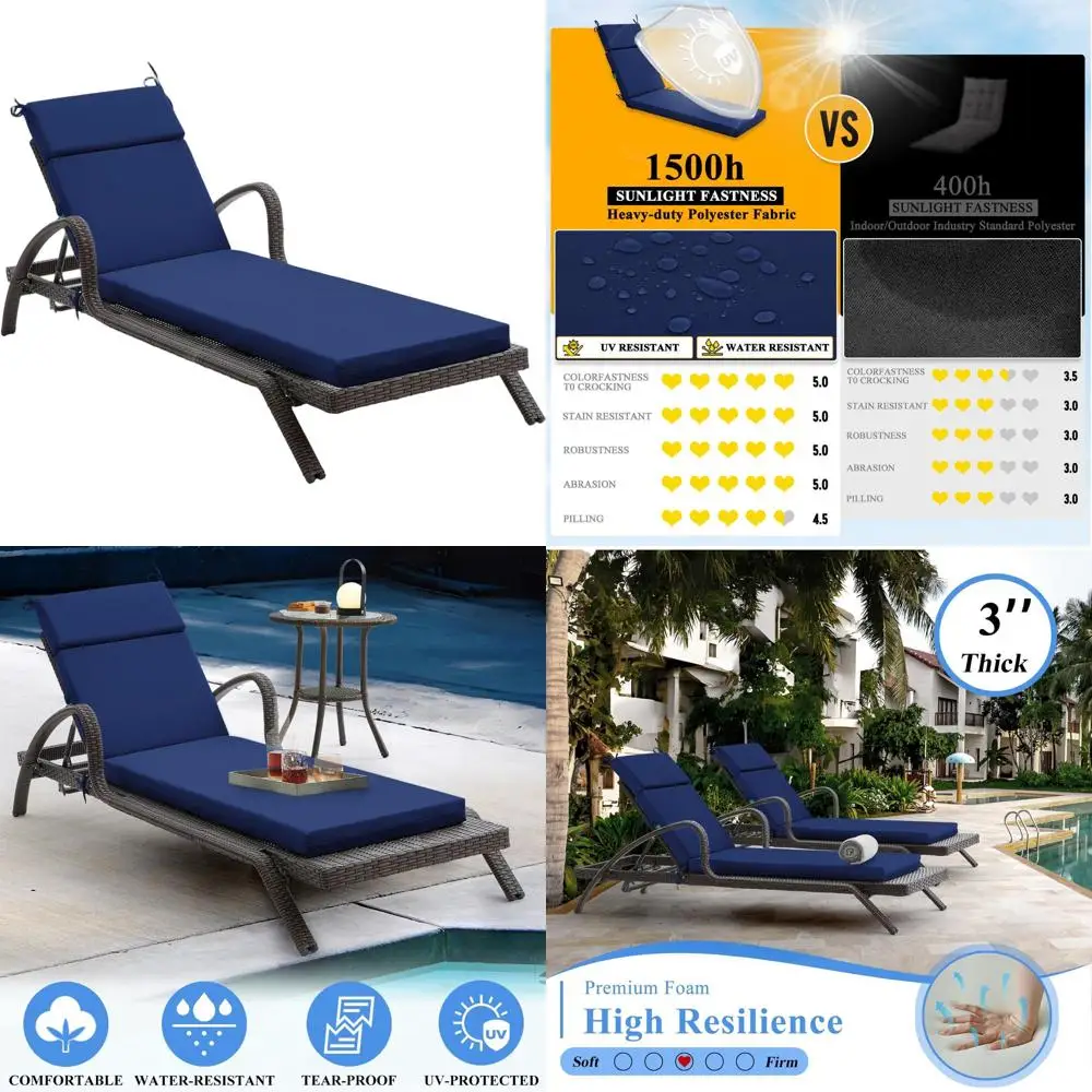 

Подушка для шезлонга на открытом воздухе, пена высокой плотности с завязками, устойчивая к атмосферным воздействиям, 80x26x3 дюйма, королевский синий цвет