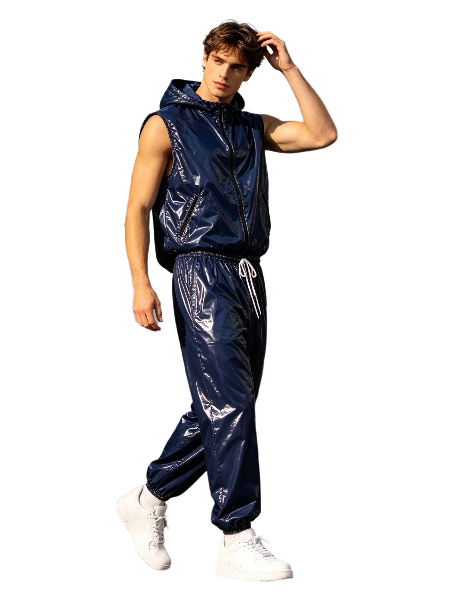 Men Waterproof Sleeveless Zip Vest with Detachable Hood and Pants 2 Piece Set for Cycling Running Workout Outdoor