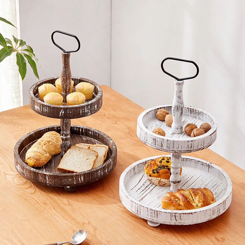 Round 2 Tier Wooden Cake Stand Cupcake Serving Tray Display Rack Wedding Party Cafe Double Layer Self-help Dessert Stand