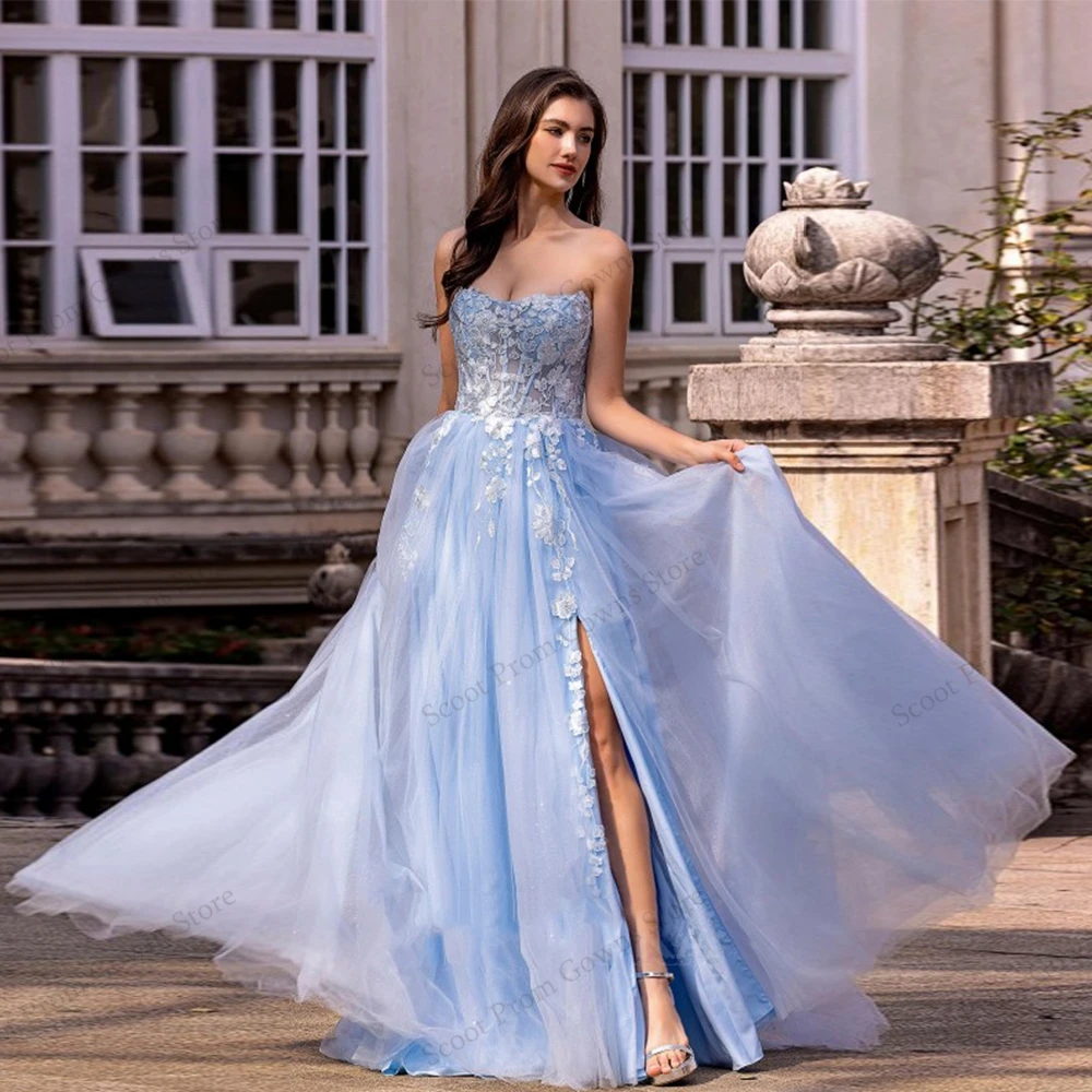 Império azul vestidos de noite para meninas 2025 personalizado fora do ombro vestidos de baile com apliques novo tule macio robe de soirée verão