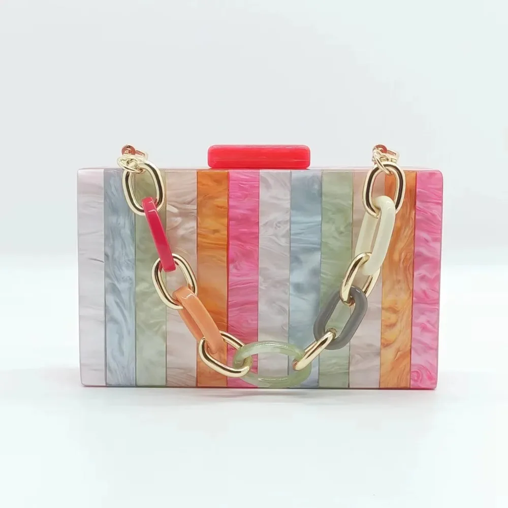 Summer Macaron Color Spliced Trendy Acrylic Evening Bag Women Retro Single Shoulder Chain Handbag Fashion Ladies Handheld Bag