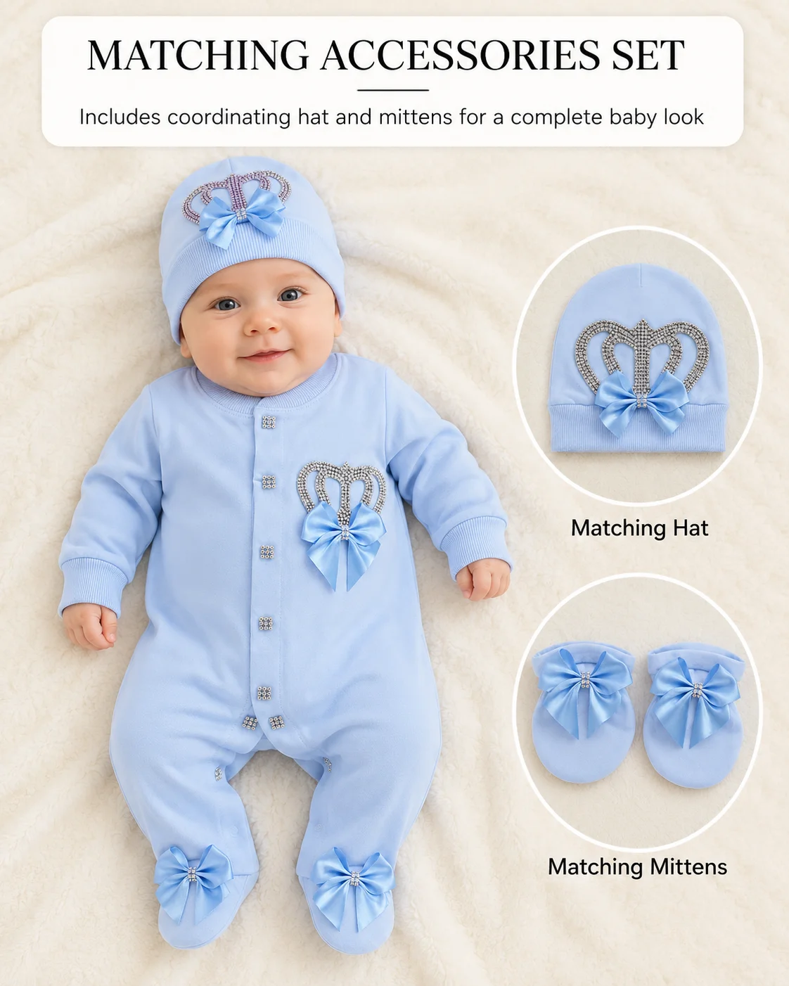 French Ceremony Newborn 3Pcs Set Light Blue Hotfix Rhinestone Crown Footed Romper Premium Gift Baby Boy Coming Home Outfit