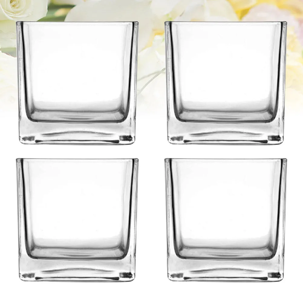 

4Pcs Square Hydroponic Containers Transparent Plant Glass Flower Vases Desktop Decoration Resistant to High Low Temperature