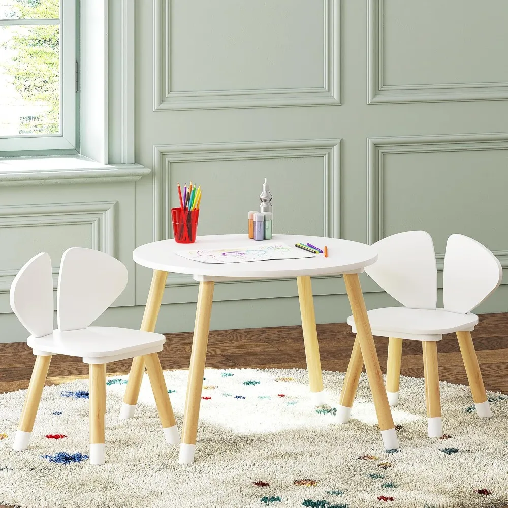 Kids Table and Chair Set, Toddler Table with Elephant Ear Chairs, 3 Pieces Kids Round Table for Toddlers, Girls, Boys