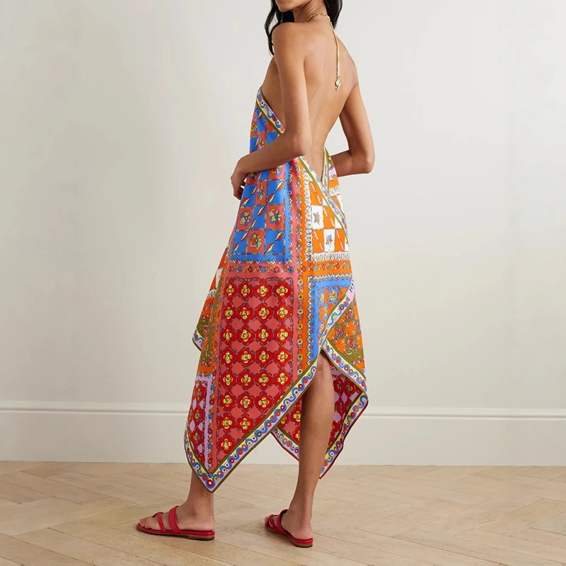 Printemps Sexy licou dos nu creux Boho robe nouvel été ample Satin femme robe de soirée ethnique rétro imprimé robes longues irrégulières