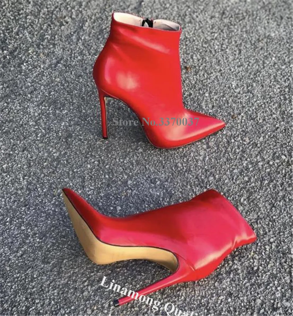 Linamong Red Patent Leather Stiletto Heel Short Boots Pointed Toe Matte Leather Side Zipper-up Thin Heel Ankle Booties Big Size