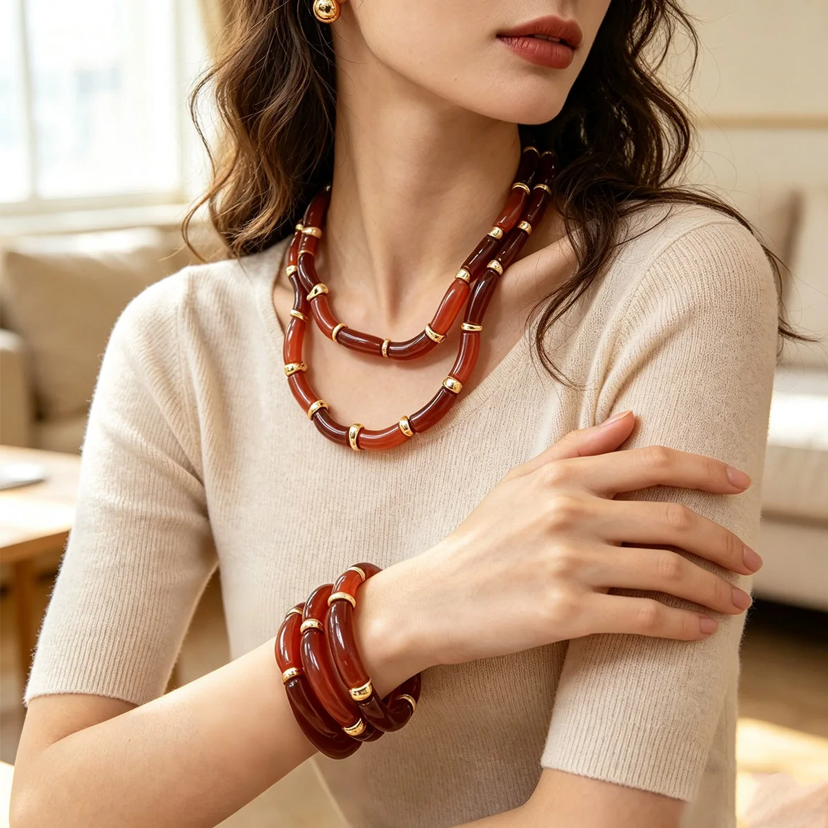 Fashion Multilayer Necklace Bangle Set For Women Golden Parts Gypsy Female Simple Personality Party Jewelry Accessories Gift